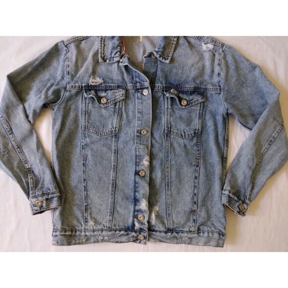 Free People Denim Jacket Trucker Grunge Distress Oversize 90s Womens Size Small - Picture 2 of 11